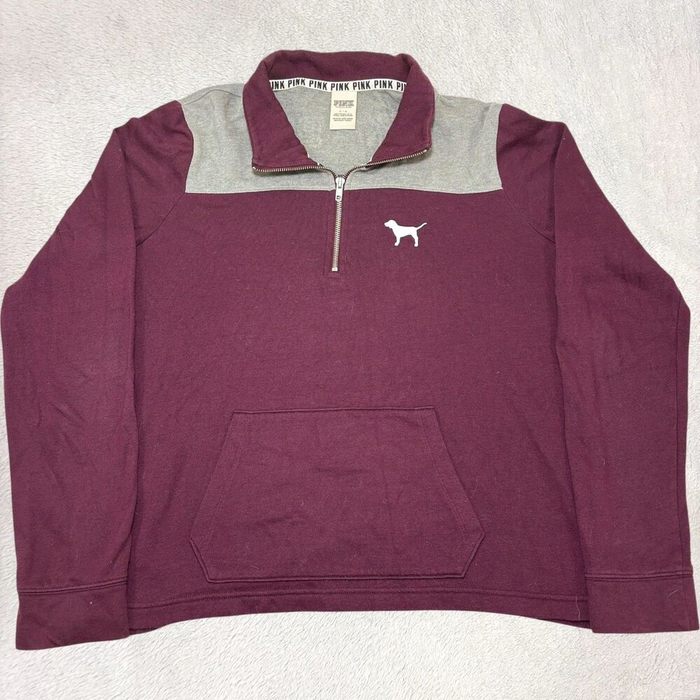 Pink 1/4 Zip Pullover Women’s L Maroon Gray Color Block Pink Logo